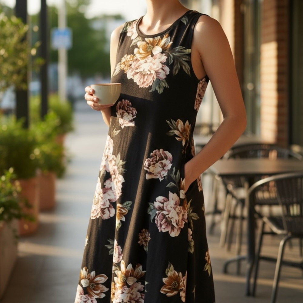 Dark Floral  Sleeveless Dress Size Small 6 Fortune & Ivy
